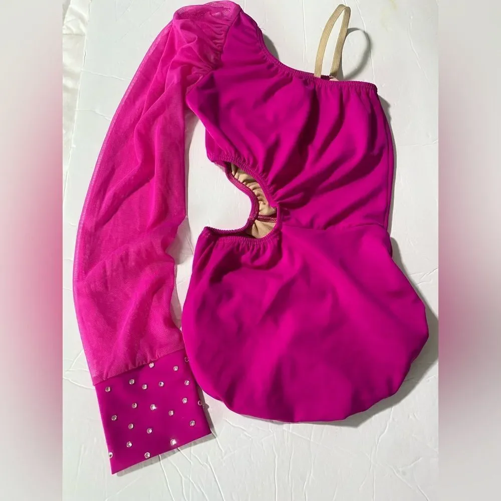 Custom made solo dance costume hot pink rhinestone illusion skirt LC child
